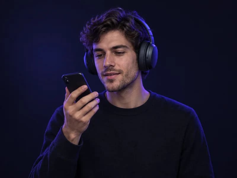 Man previewing audio on a phone with headphones